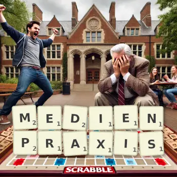 Kreative Illustration für ein Scrabble-Spiel, bei dem das Wort MEDIENPRAXIS mit Steinen auf dem Brett gelegt wurde.