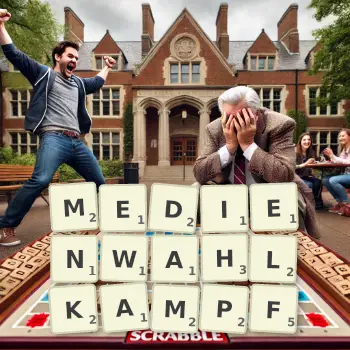 Kreative Illustration für ein Scrabble-Spiel, bei dem das Wort MEDIENWAHLKAMPF mit Steinen auf dem Brett gelegt wurde.