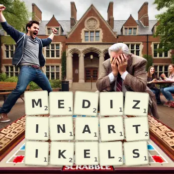 Kreative Illustration für ein Scrabble-Spiel, bei dem das Wort MEDIZINARTIKELS mit Steinen auf dem Brett gelegt wurde.