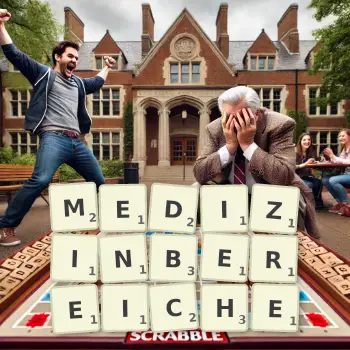 Kreative Illustration für ein Scrabble-Spiel, bei dem das Wort MEDIZINBEREICHE mit Steinen auf dem Brett gelegt wurde.