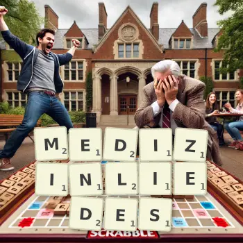 Kreative Illustration für ein Scrabble-Spiel, bei dem das Wort MEDIZINLIEDES mit Steinen auf dem Brett gelegt wurde.