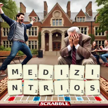 Kreative Illustration für ein Scrabble-Spiel, bei dem das Wort MEDIZINTRIOS mit Steinen auf dem Brett gelegt wurde.