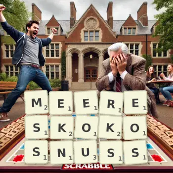 Kreative Illustration für ein Scrabble-Spiel, bei dem das Wort MEERESKOKOSNUSS mit Steinen auf dem Brett gelegt wurde.