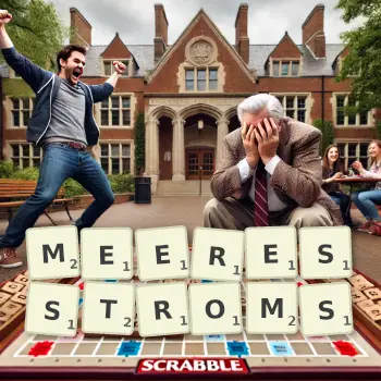 Kreative Illustration für ein Scrabble-Spiel, bei dem das Wort MEERESSTROMS mit Steinen auf dem Brett gelegt wurde.