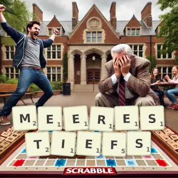 Kreative Illustration für ein Scrabble-Spiel, bei dem das Wort MEERESTIEFS mit Steinen auf dem Brett gelegt wurde.
