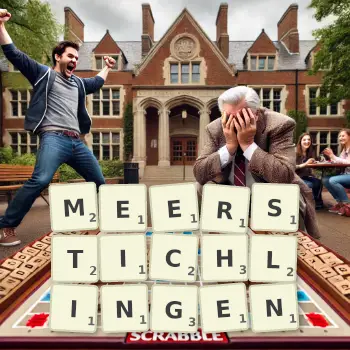 Kreative Illustration für ein Scrabble-Spiel, bei dem das Wort MEERSTICHLINGEN mit Steinen auf dem Brett gelegt wurde.