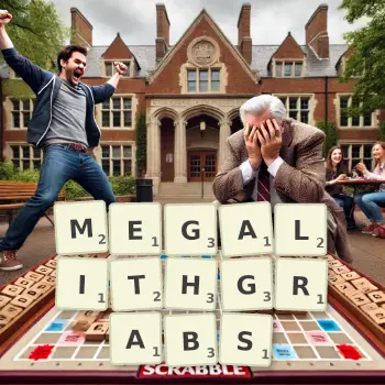 Kreative Illustration für ein Scrabble-Spiel, bei dem das Wort MEGALITHGRABS mit Steinen auf dem Brett gelegt wurde.