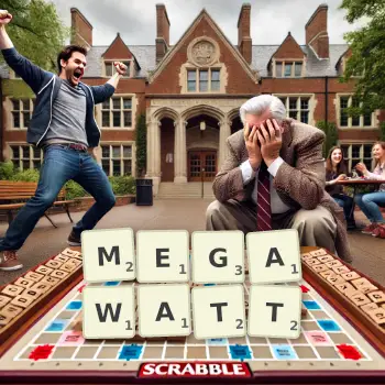 Kreative Illustration für ein Scrabble-Spiel, bei dem das Wort MEGAWATT mit Steinen auf dem Brett gelegt wurde.
