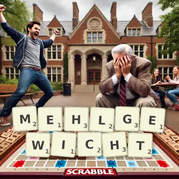 Kreative Illustration für ein Scrabble-Spiel, bei dem das Wort MEHLGEWICHT mit Steinen auf dem Brett gelegt wurde.
