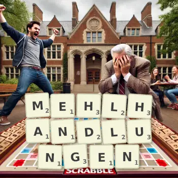 Kreative Illustration für ein Scrabble-Spiel, bei dem das Wort MEHLHANDLUNGEN mit Steinen auf dem Brett gelegt wurde.