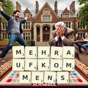 Kreative Illustration für ein Scrabble-Spiel, bei dem das Wort MEHRAUFKOMMENS mit Steinen auf dem Brett gelegt wurde.