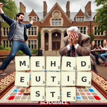 Kreative Illustration für ein Scrabble-Spiel, bei dem das Wort MEHRDEUTIGSTE mit Steinen auf dem Brett gelegt wurde.