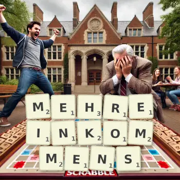 Kreative Illustration für ein Scrabble-Spiel, bei dem das Wort MEHREINKOMMENS mit Steinen auf dem Brett gelegt wurde.
