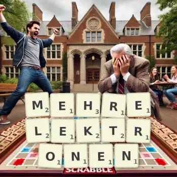 Kreative Illustration für ein Scrabble-Spiel, bei dem das Wort MEHRELEKTRONEN mit Steinen auf dem Brett gelegt wurde.