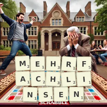 Kreative Illustration für ein Scrabble-Spiel, bei dem das Wort MEHRFACHLINSEN mit Steinen auf dem Brett gelegt wurde.