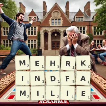 Kreative Illustration für ein Scrabble-Spiel, bei dem das Wort MEHRKINDFAMILIE mit Steinen auf dem Brett gelegt wurde.