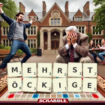 Kreative Illustration für ein Scrabble-Spiel, bei dem das Wort MEHRSTÖCKIGE mit Steinen auf dem Brett gelegt wurde.