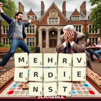 Kreative Illustration für ein Scrabble-Spiel, bei dem das Wort MEHRVERDIENST mit Steinen auf dem Brett gelegt wurde.