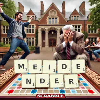 Kreative Illustration für ein Scrabble-Spiel, bei dem das Wort MEIDENDER mit Steinen auf dem Brett gelegt wurde.
