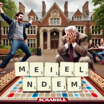 Kreative Illustration für ein Scrabble-Spiel, bei dem das Wort MEIELNDEM mit Steinen auf dem Brett gelegt wurde.