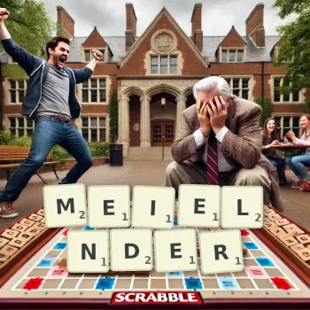 Kreative Illustration für ein Scrabble-Spiel, bei dem das Wort MEIELNDER mit Steinen auf dem Brett gelegt wurde.