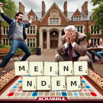 Kreative Illustration für ein Scrabble-Spiel, bei dem das Wort MEINENDEM mit Steinen auf dem Brett gelegt wurde.