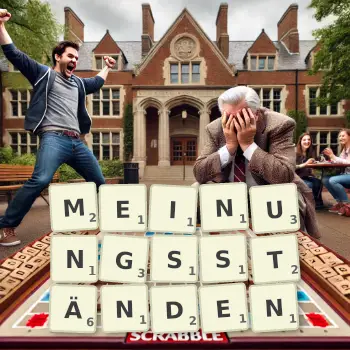 Kreative Illustration für ein Scrabble-Spiel, bei dem das Wort MEINUNGSSTÄNDEN mit Steinen auf dem Brett gelegt wurde.