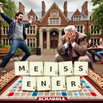 Kreative Illustration für ein Scrabble-Spiel, bei dem das Wort MEISSENER mit Steinen auf dem Brett gelegt wurde.