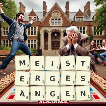 Kreative Illustration für ein Scrabble-Spiel, bei dem das Wort MEISTERGESÄNGEN mit Steinen auf dem Brett gelegt wurde.