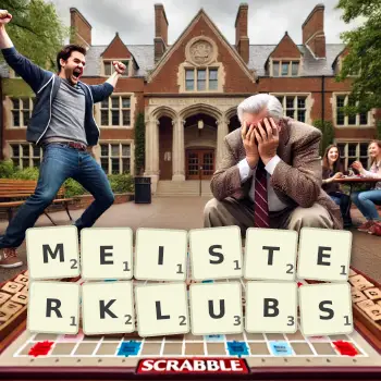 Kreative Illustration für ein Scrabble-Spiel, bei dem das Wort MEISTERKLUBS mit Steinen auf dem Brett gelegt wurde.