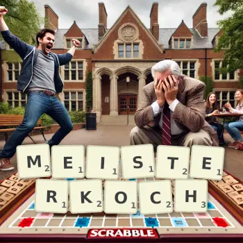 Kreative Illustration für ein Scrabble-Spiel, bei dem das Wort MEISTERKOCH mit Steinen auf dem Brett gelegt wurde.