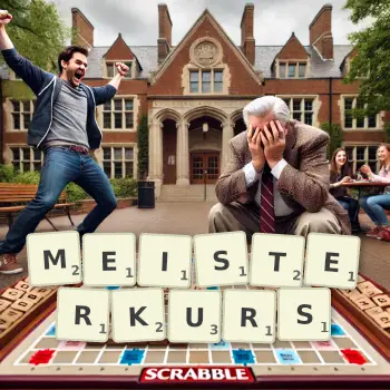Kreative Illustration für ein Scrabble-Spiel, bei dem das Wort MEISTERKURS mit Steinen auf dem Brett gelegt wurde.