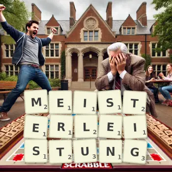 Kreative Illustration für ein Scrabble-Spiel, bei dem das Wort MEISTERLEISTUNG mit Steinen auf dem Brett gelegt wurde.
