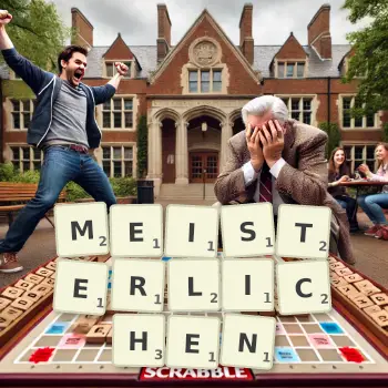 Kreative Illustration für ein Scrabble-Spiel, bei dem das Wort MEISTERLICHEN mit Steinen auf dem Brett gelegt wurde.