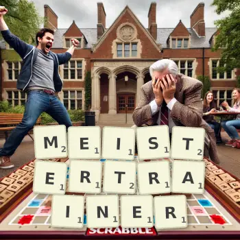 Kreative Illustration für ein Scrabble-Spiel, bei dem das Wort MEISTERTRAINER mit Steinen auf dem Brett gelegt wurde.