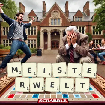 Kreative Illustration für ein Scrabble-Spiel, bei dem das Wort MEISTERWELT mit Steinen auf dem Brett gelegt wurde.