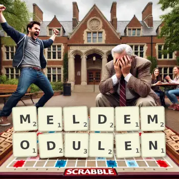 Kreative Illustration für ein Scrabble-Spiel, bei dem das Wort MELDEMODULEN mit Steinen auf dem Brett gelegt wurde.