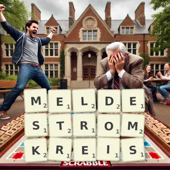 Kreative Illustration für ein Scrabble-Spiel, bei dem das Wort MELDESTROMKREIS mit Steinen auf dem Brett gelegt wurde.