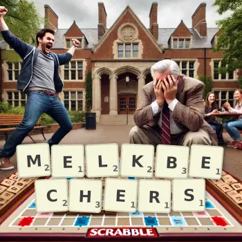 Kreative Illustration für ein Scrabble-Spiel, bei dem das Wort MELKBECHERS mit Steinen auf dem Brett gelegt wurde.