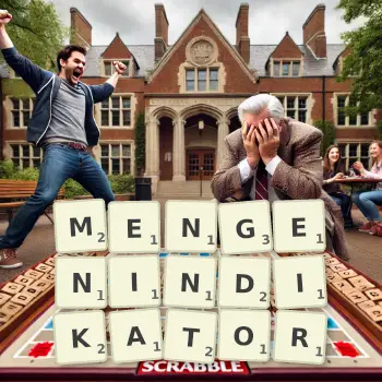 Kreative Illustration für ein Scrabble-Spiel, bei dem das Wort MENGENINDIKATOR mit Steinen auf dem Brett gelegt wurde.