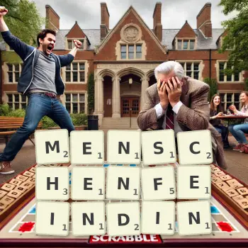 Kreative Illustration für ein Scrabble-Spiel, bei dem das Wort MENSCHENFEINDIN mit Steinen auf dem Brett gelegt wurde.