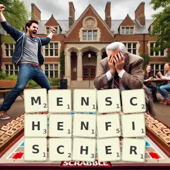 Kreative Illustration für ein Scrabble-Spiel, bei dem das Wort MENSCHENFISCHER mit Steinen auf dem Brett gelegt wurde.