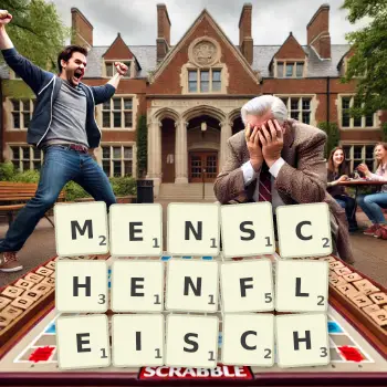 Kreative Illustration für ein Scrabble-Spiel, bei dem das Wort MENSCHENFLEISCH mit Steinen auf dem Brett gelegt wurde.