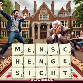 Kreative Illustration für ein Scrabble-Spiel, bei dem das Wort MENSCHENGESICHT mit Steinen auf dem Brett gelegt wurde.