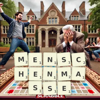Kreative Illustration für ein Scrabble-Spiel, bei dem das Wort MENSCHENMASSE mit Steinen auf dem Brett gelegt wurde.