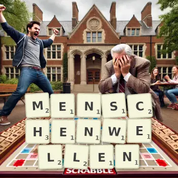 Kreative Illustration für ein Scrabble-Spiel, bei dem das Wort MENSCHENWELLEN mit Steinen auf dem Brett gelegt wurde.