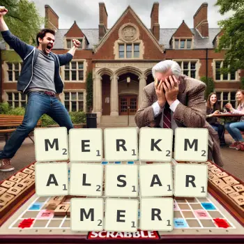 Kreative Illustration für ein Scrabble-Spiel, bei dem das Wort MERKMALSARMER mit Steinen auf dem Brett gelegt wurde.