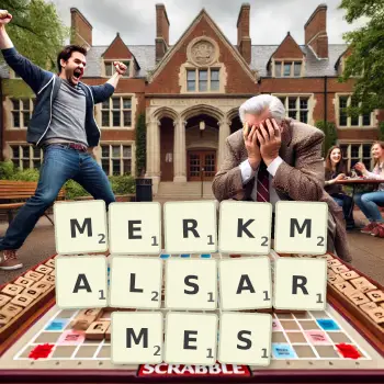 Kreative Illustration für ein Scrabble-Spiel, bei dem das Wort MERKMALSARMES mit Steinen auf dem Brett gelegt wurde.