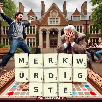 Kreative Illustration für ein Scrabble-Spiel, bei dem das Wort MERKWÜRDIGSTE mit Steinen auf dem Brett gelegt wurde.