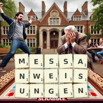 Kreative Illustration für ein Scrabble-Spiel, bei dem das Wort MESSANWEISUNGEN mit Steinen auf dem Brett gelegt wurde.